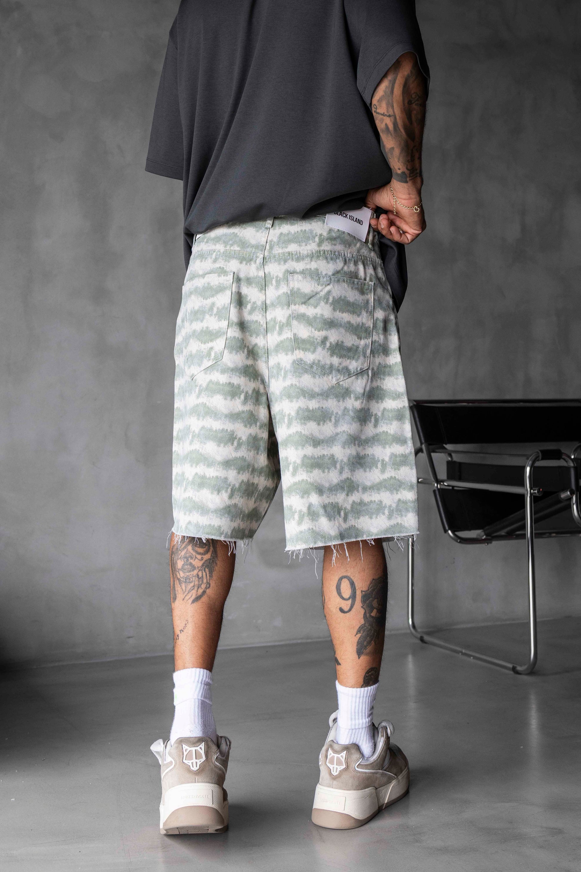 BLACK ISLAND. Light Green Camo Pattern Denim Shorts
