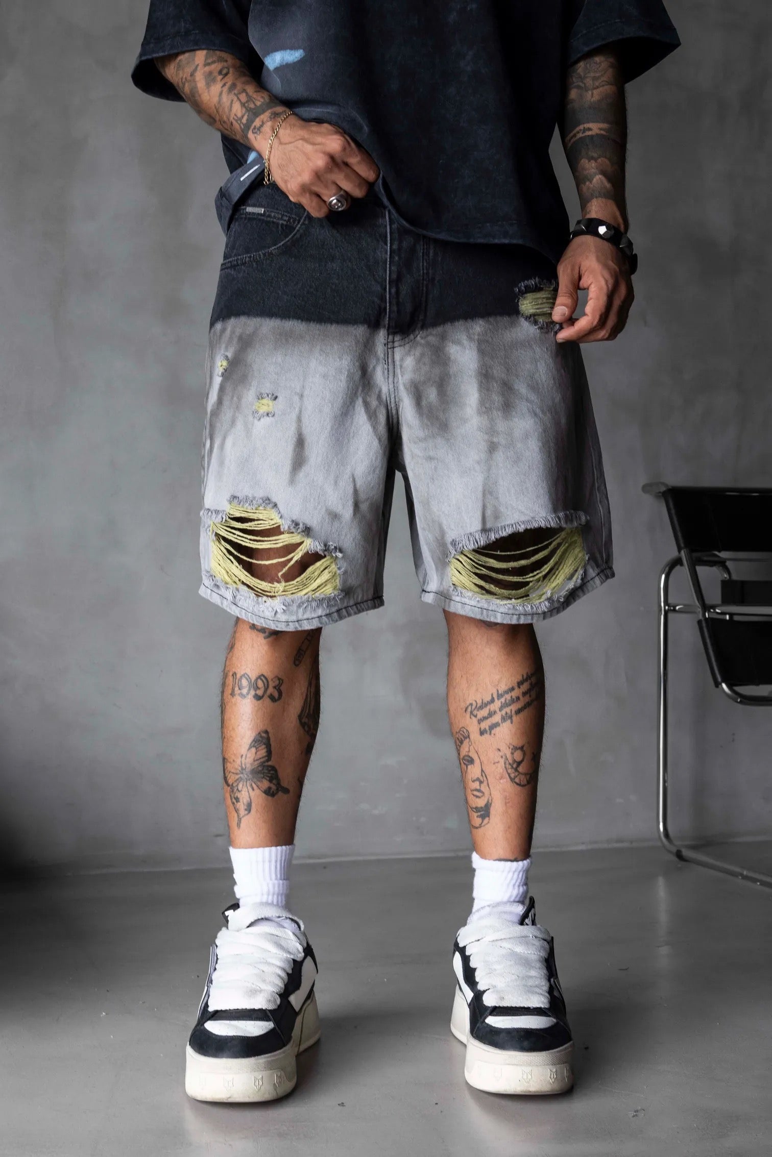 BLACK ISLAND Two-Tone Ripped Denim Shorts