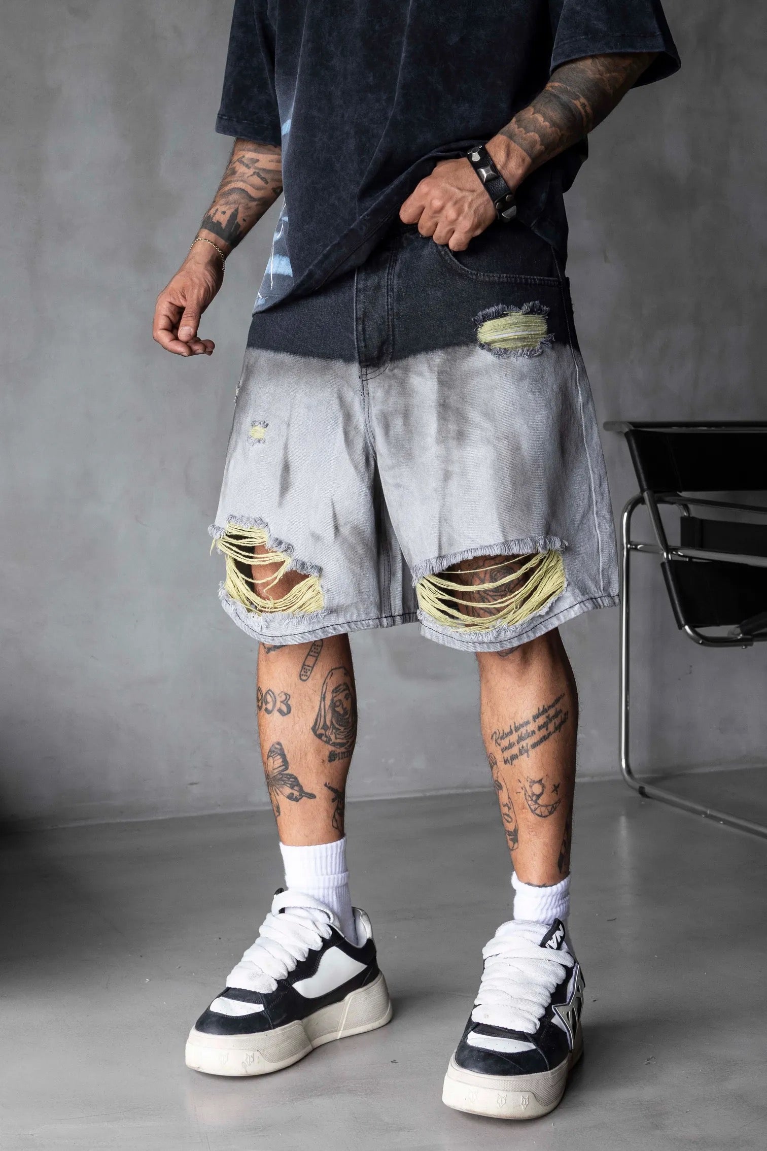BLACK ISLAND Two-Tone Ripped Denim Shorts