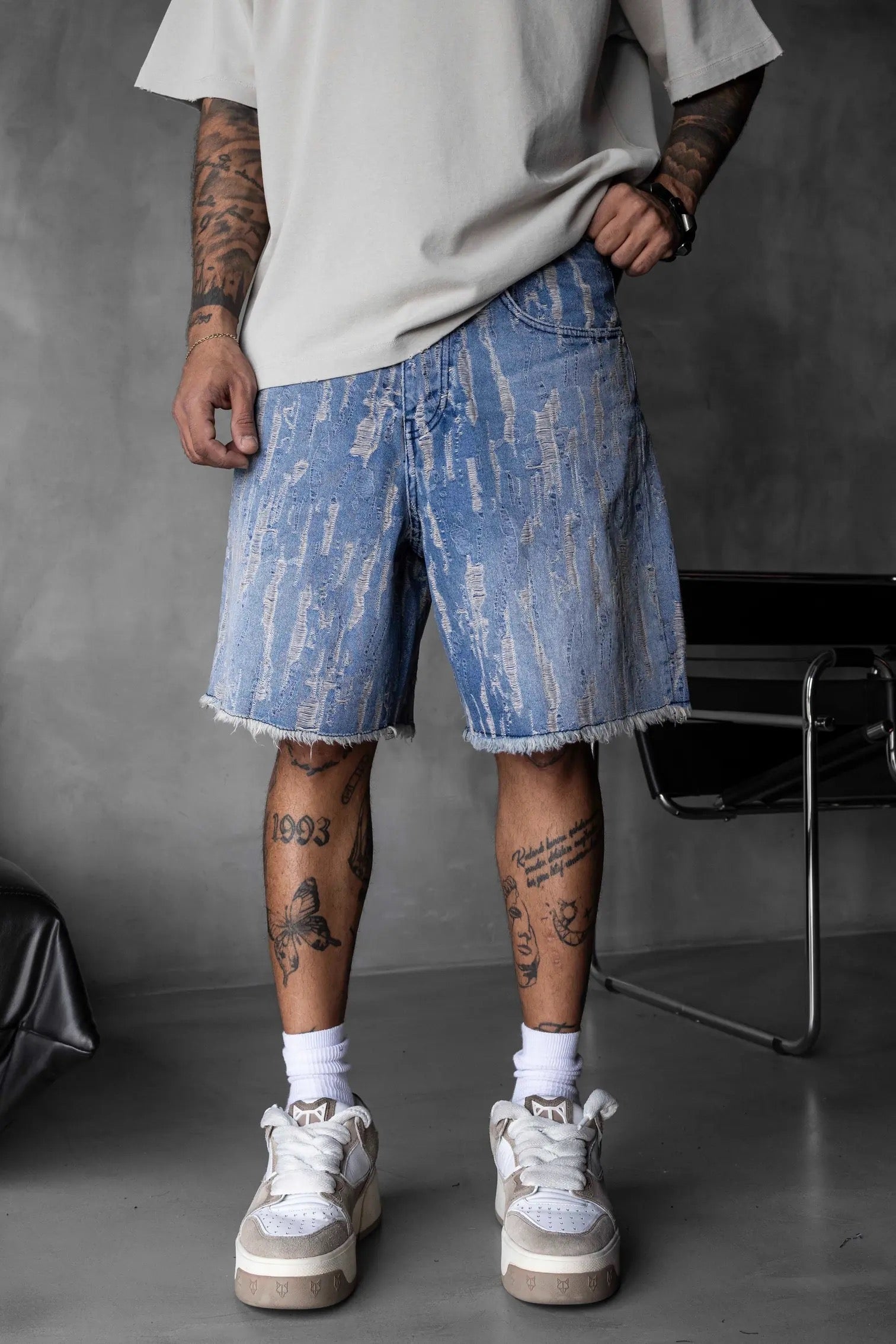 BLACK ISLAND Light Blue Textured Denim Shorts