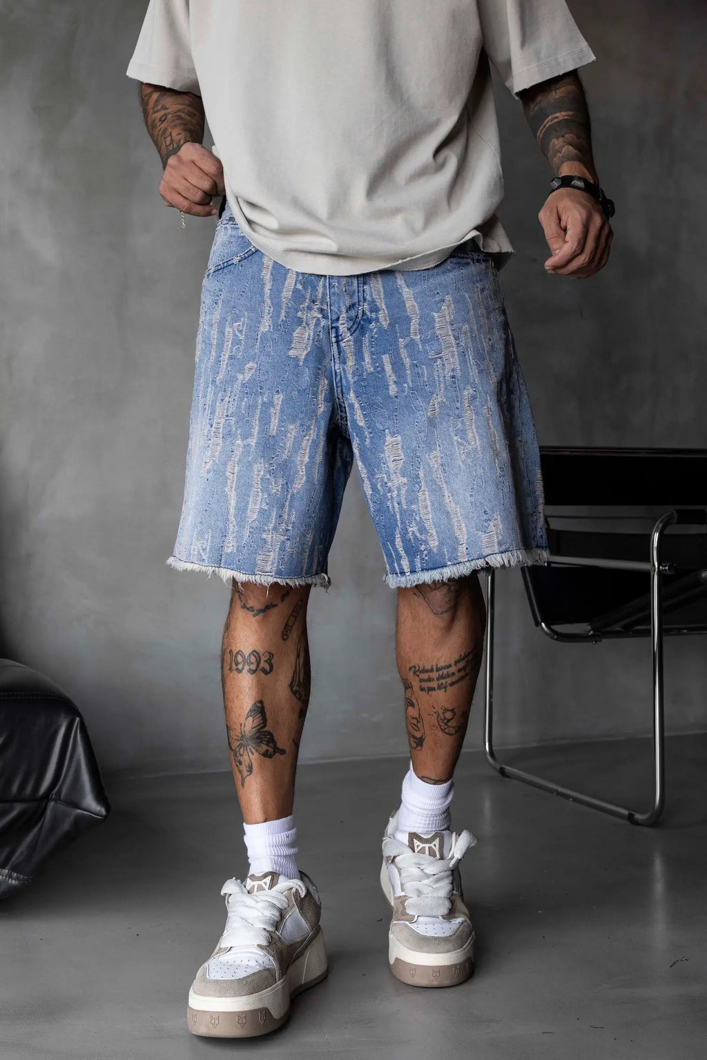 BLACK ISLAND Light Blue Textured Denim Shorts