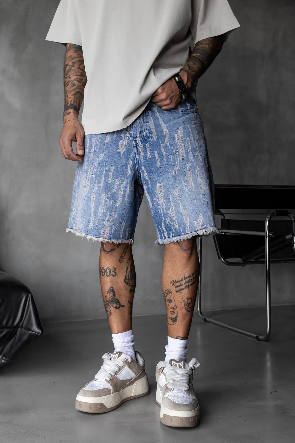 BLACK ISLAND Light Blue Textured Denim Shorts