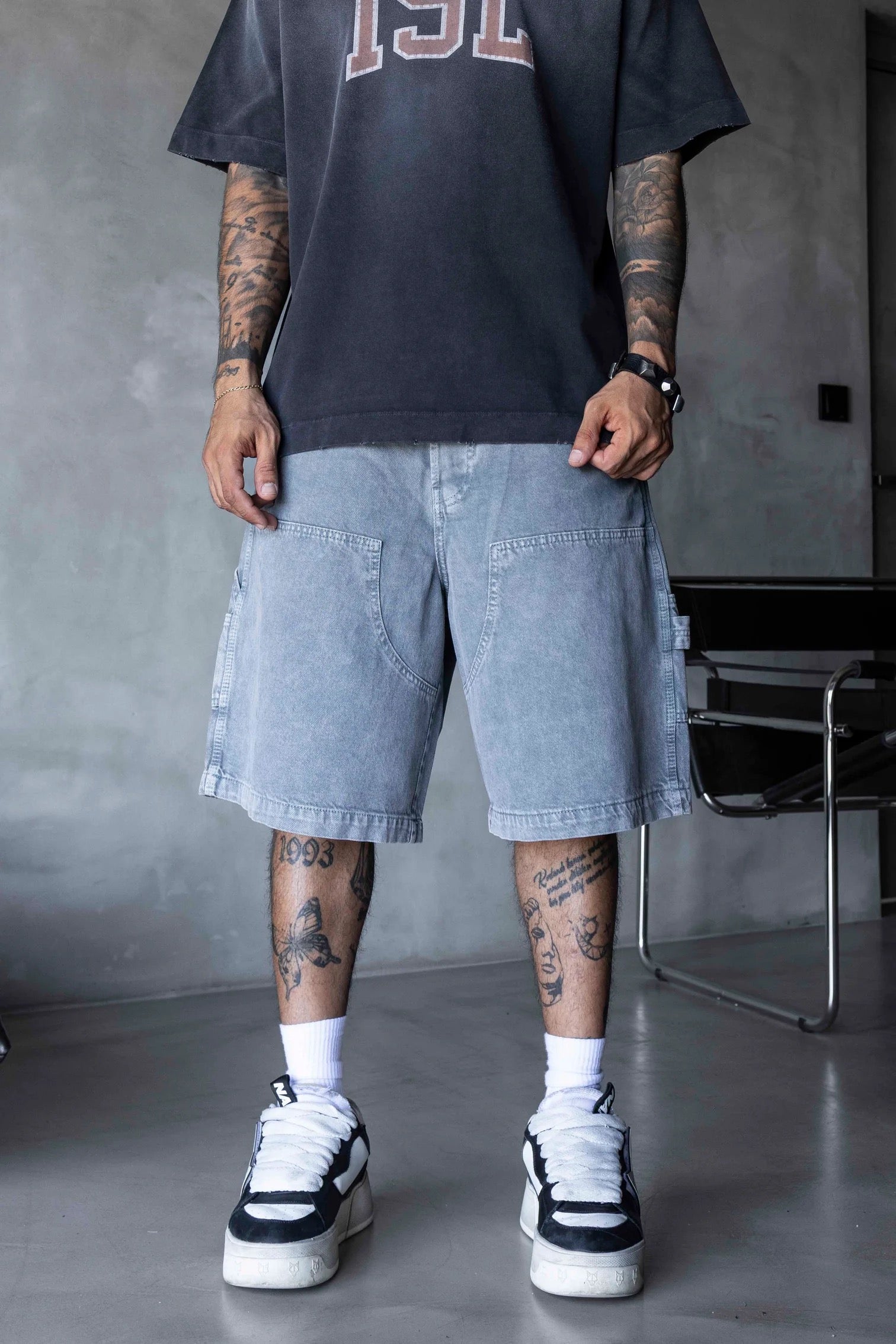BLACK ISLAND Light Washed Grey Oversized Workwear Shorts