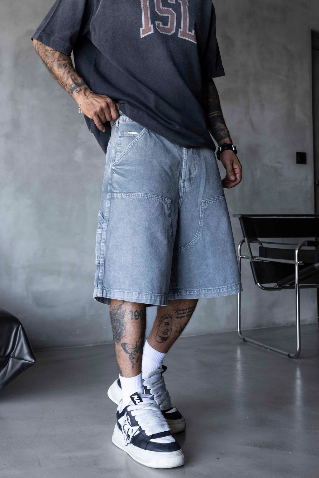 BLACK ISLAND Light Washed Grey Oversized Workwear Shorts