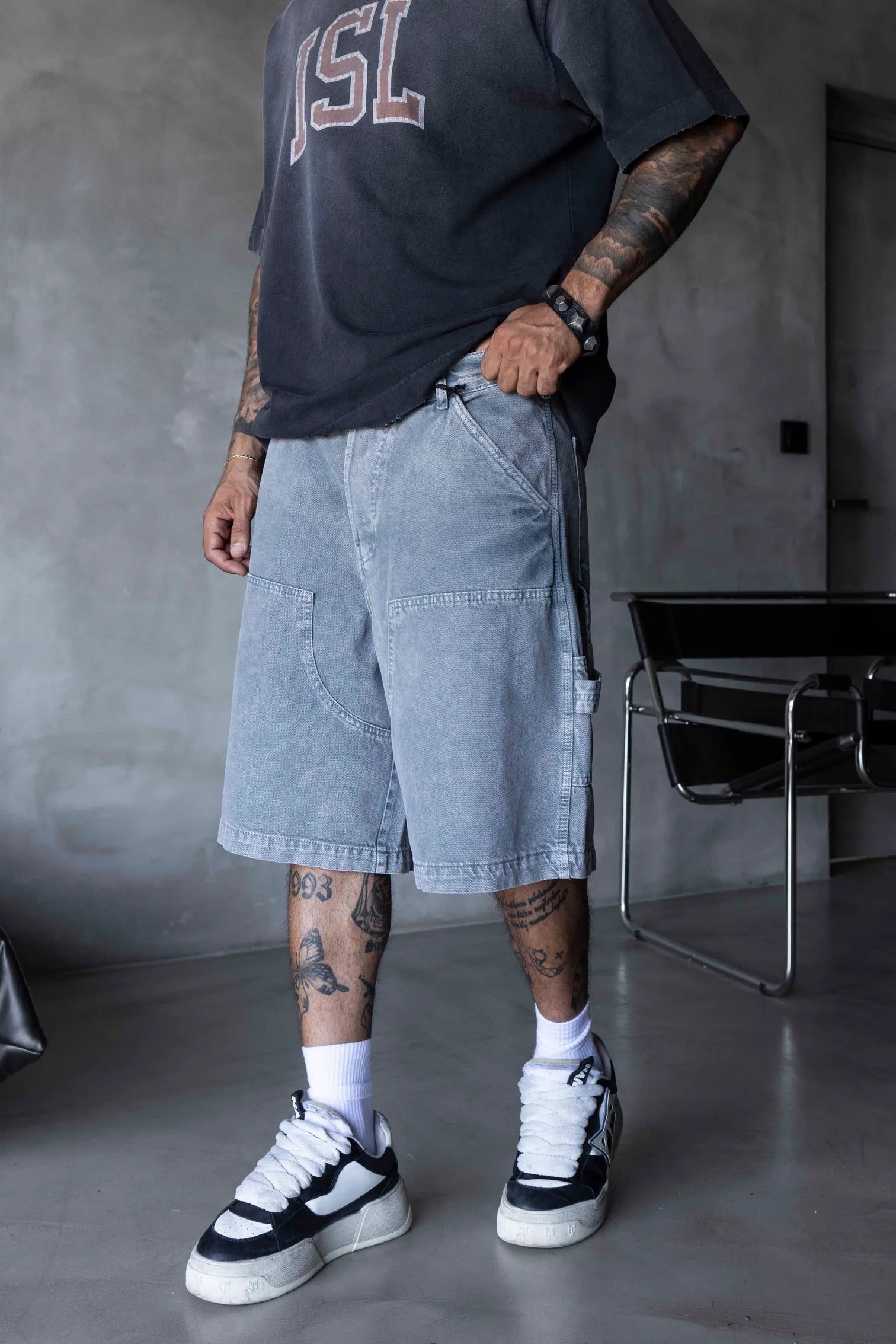 BLACK ISLAND Light Washed Grey Oversized Workwear Shorts